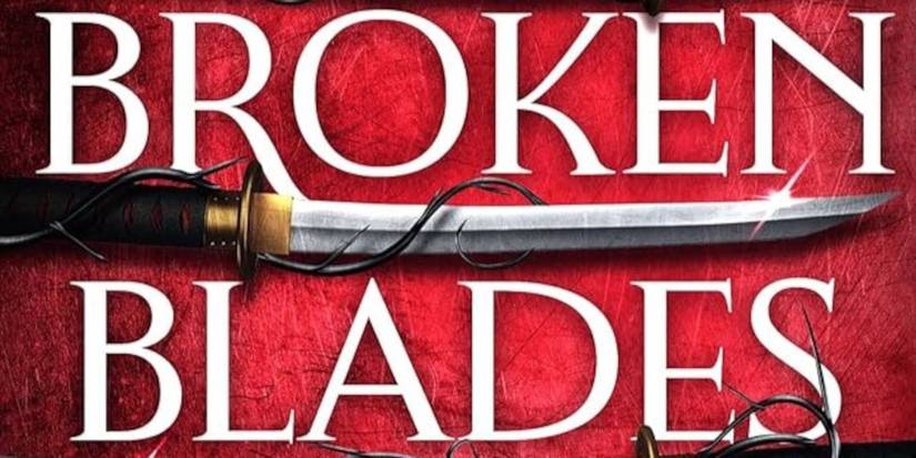 Five Broken Blades cover featuring the title text in white, a red background, and a sword