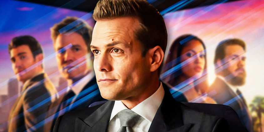A custom image of Harvey Specter with the cast of Suits LA in the background. 