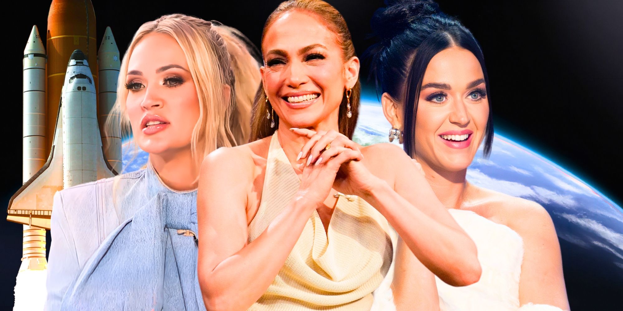 American Idol&rsquo;s Carrie Underwood, Jennifer Lopez and Katy Perry in front of the Earth and a spaceship.