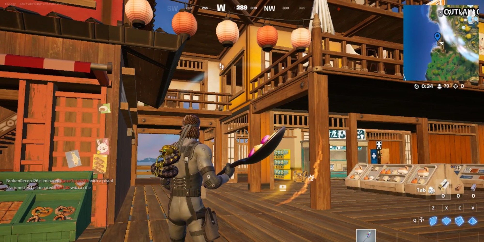 Fortnite, chapter 6, season 2 player on Yokina Boardwalk, looking at a building.