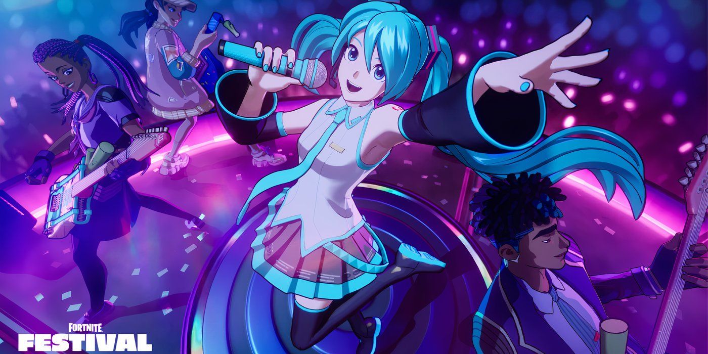 Hatsune Miku in a promo image for Fortnite Festival.