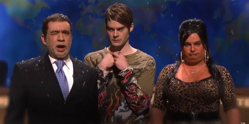 Fred Armisan and Bobby Moynihan flanking Bill Hader as Stefan on SNL