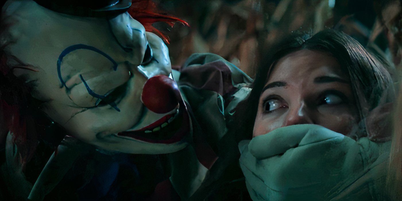 Frendo holding his hand over a teenager's mouth in Clown in a Cornfield