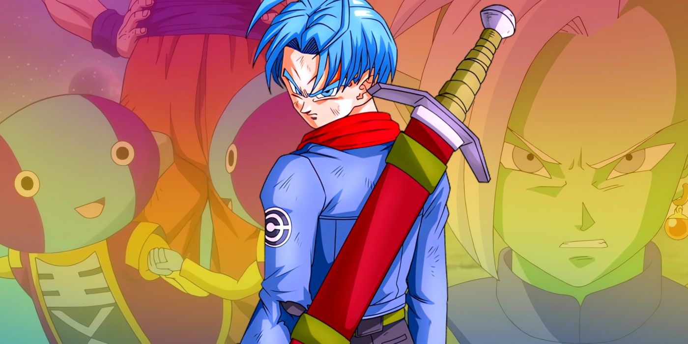 Future Trunks standing with his back turned, an angry expression on his face. Behind him, Zeno and Zamasu can be seen.