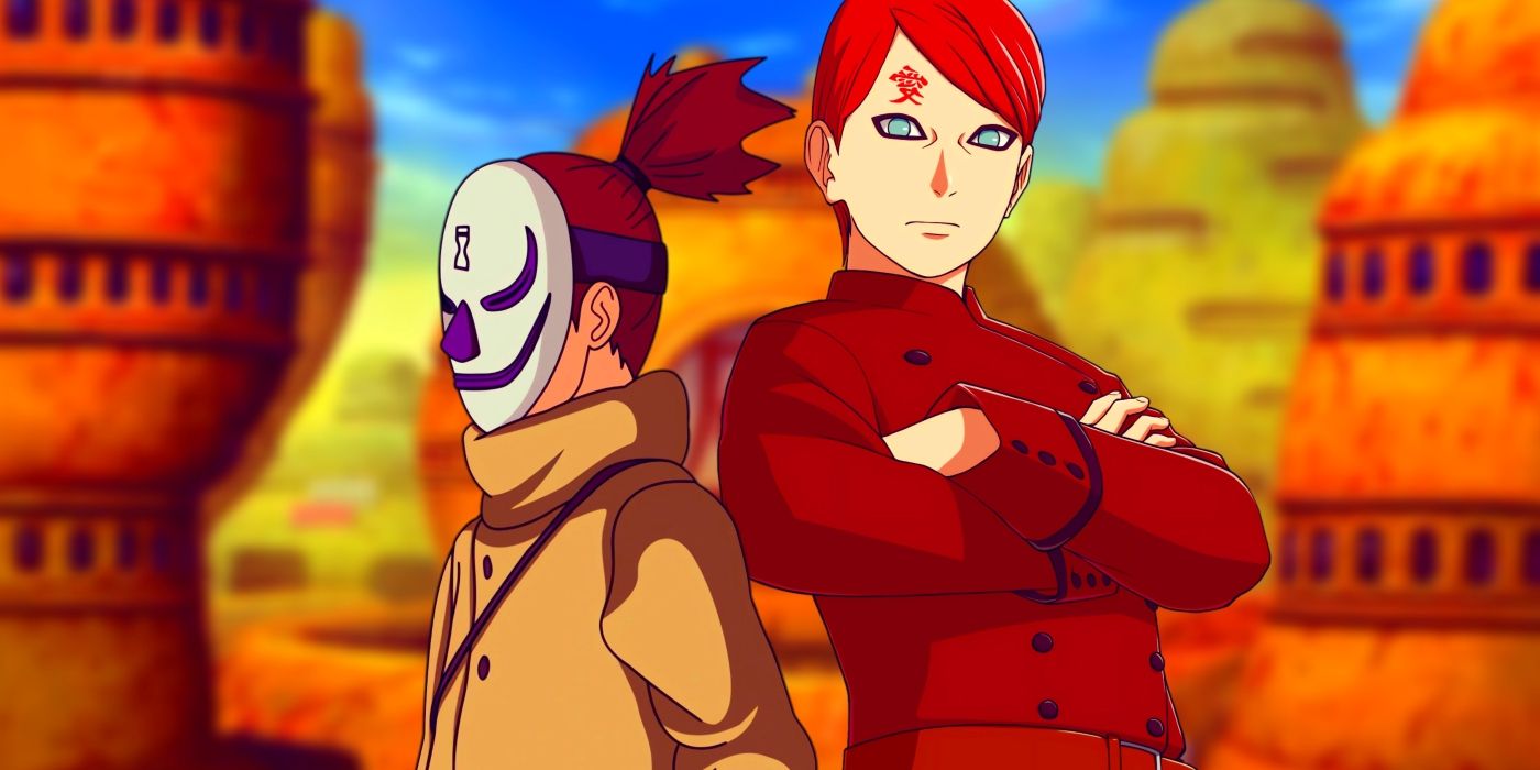 Gaara and Araya standing side by side as seen in the Boruto anime. Behind them, Sunagakure can be seen.