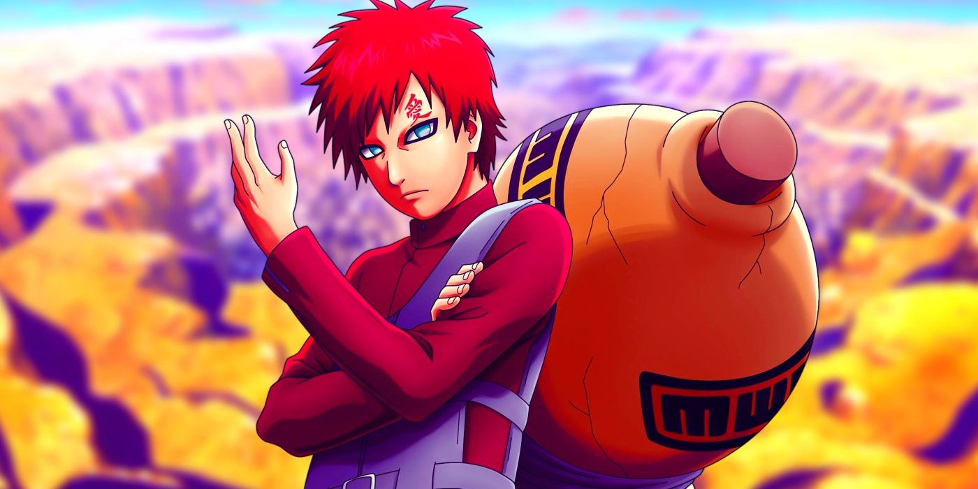 Gaara standing with his arm extended, prepared for a battle. Behind him, the village of Sunagakure can be seen.