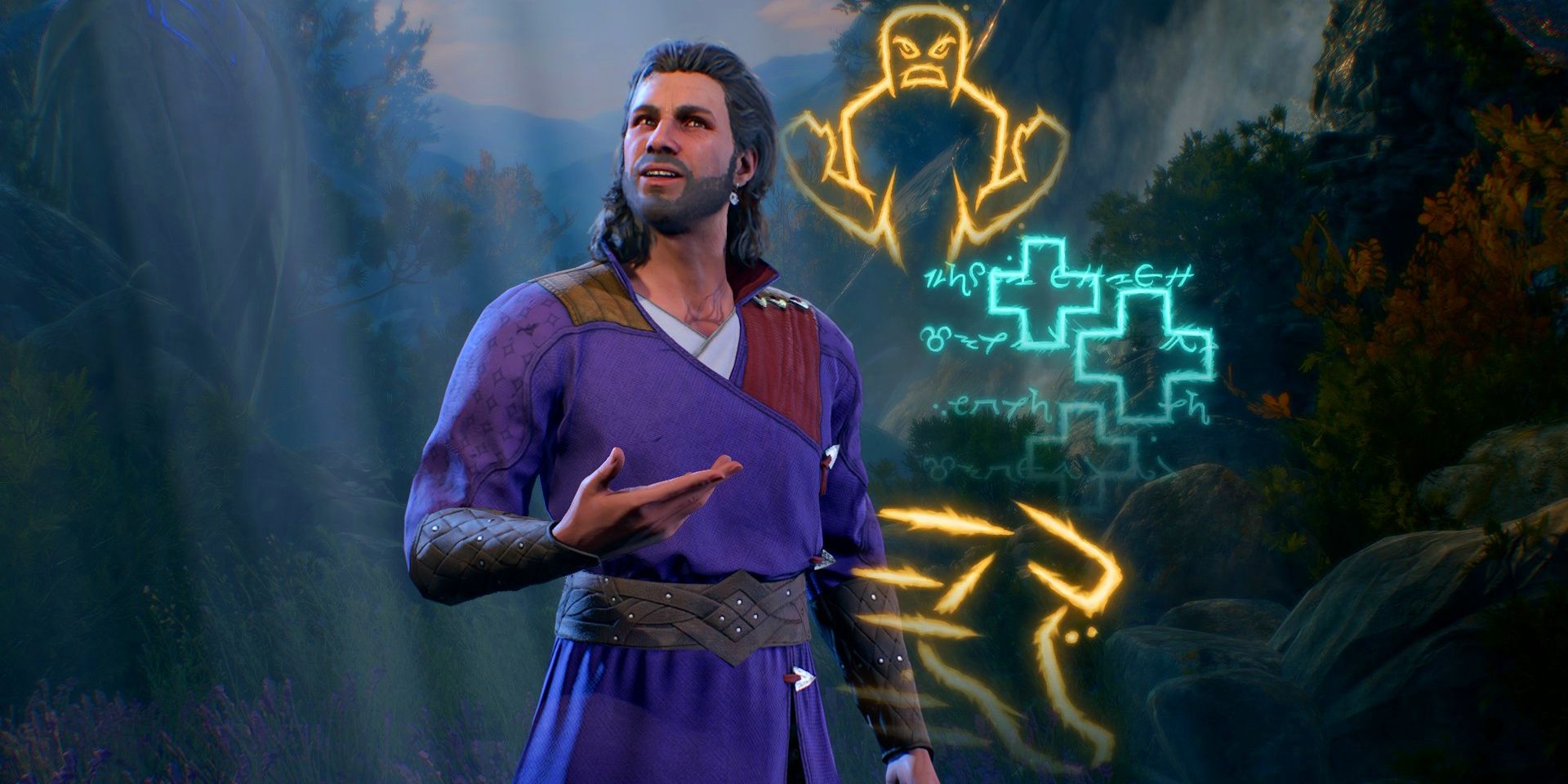 Gale gesturing to three spell icons from Baldur's Gate 3.