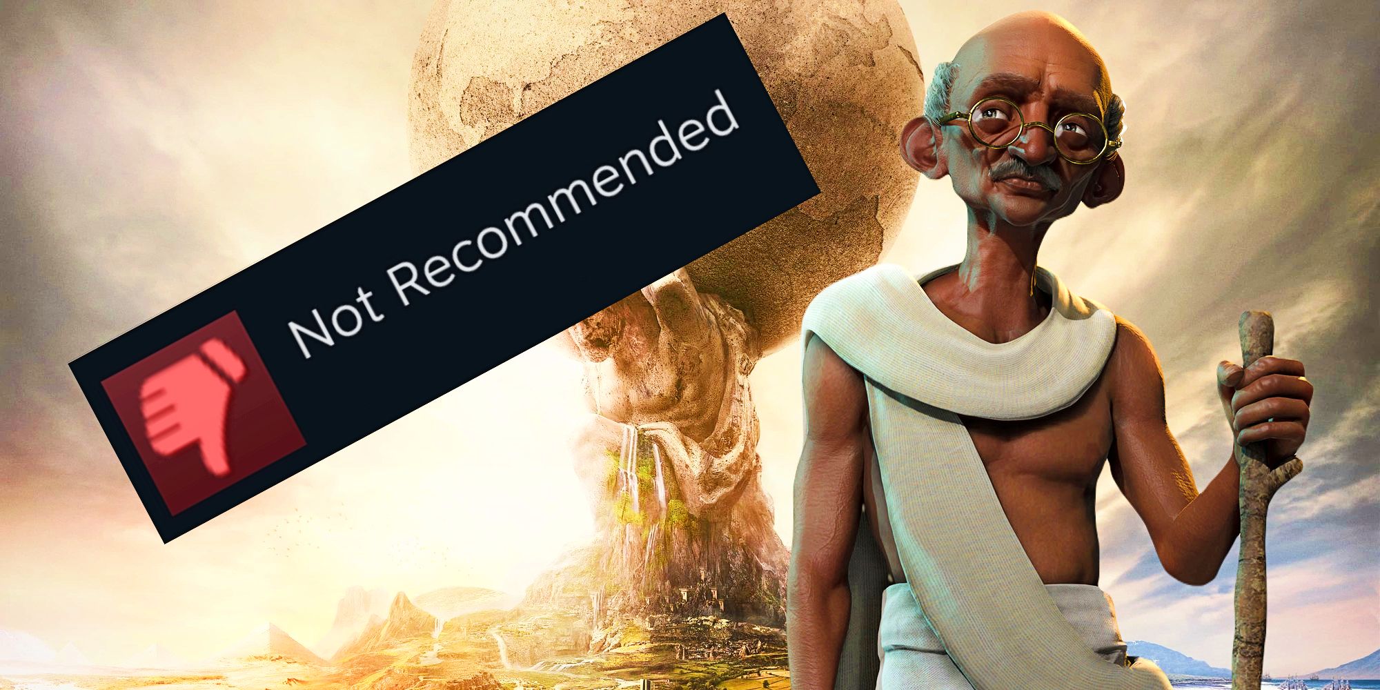 Gandhi from Civ 7 looking warily at a Not Recommended Steam review.