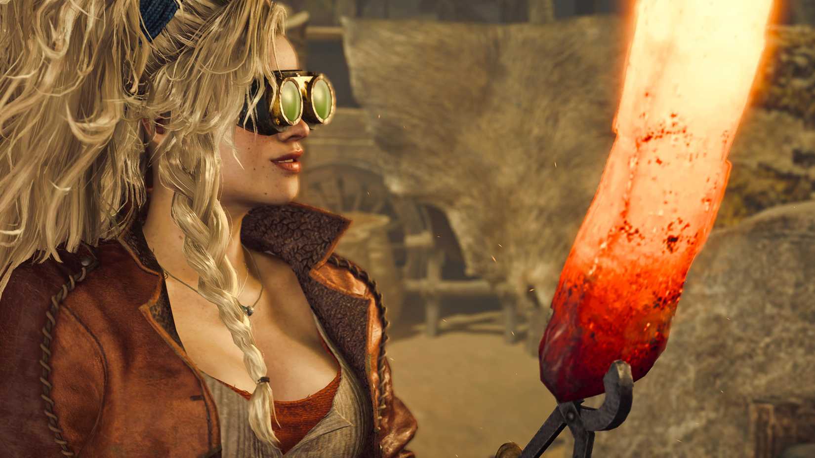 Gemma holding a glowing hunk of iron in Monster Hunter Wilds.