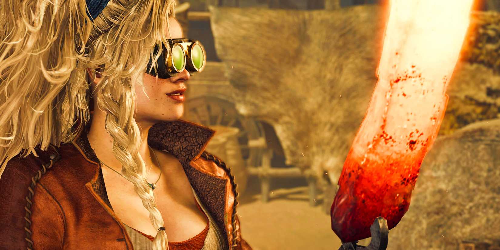 Gemma looking at a glowing hunk of metal in satisfaction in Monster Hunter Wilds.