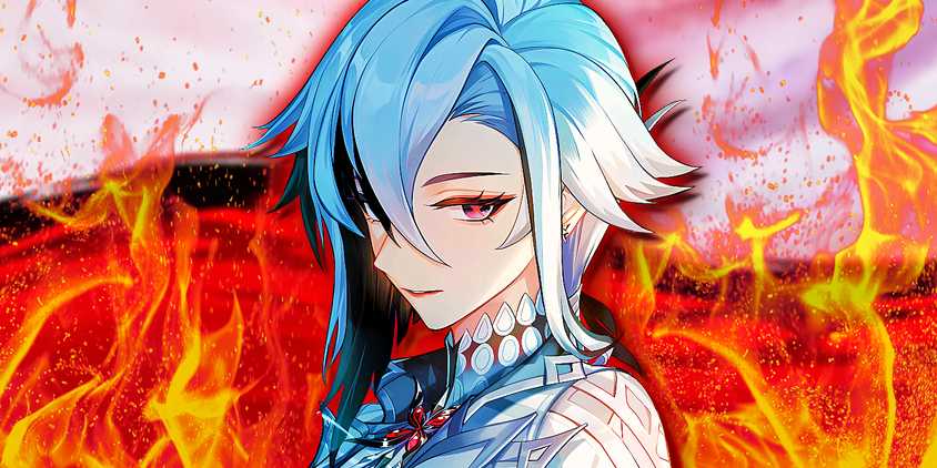 Genshin Impact's Arlecchino is surrounded by flames.