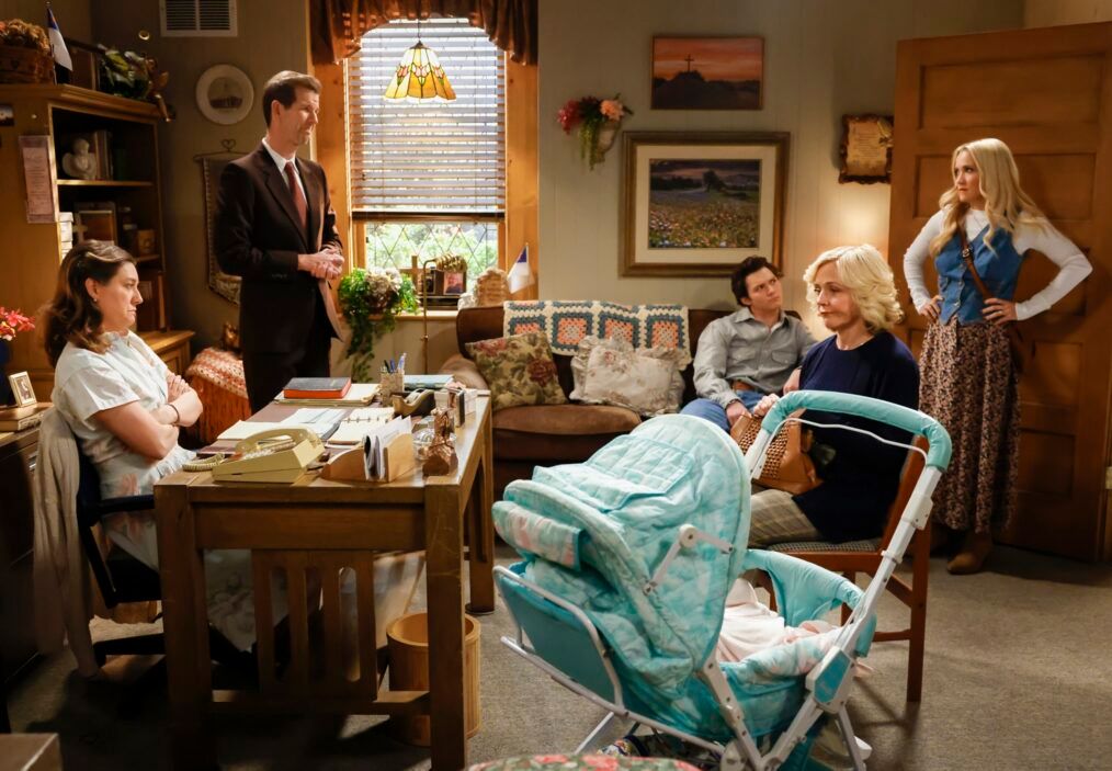 Mary, Pastor Jeff, Georgie, Audrey, and Mandy all sitting or standing in an office