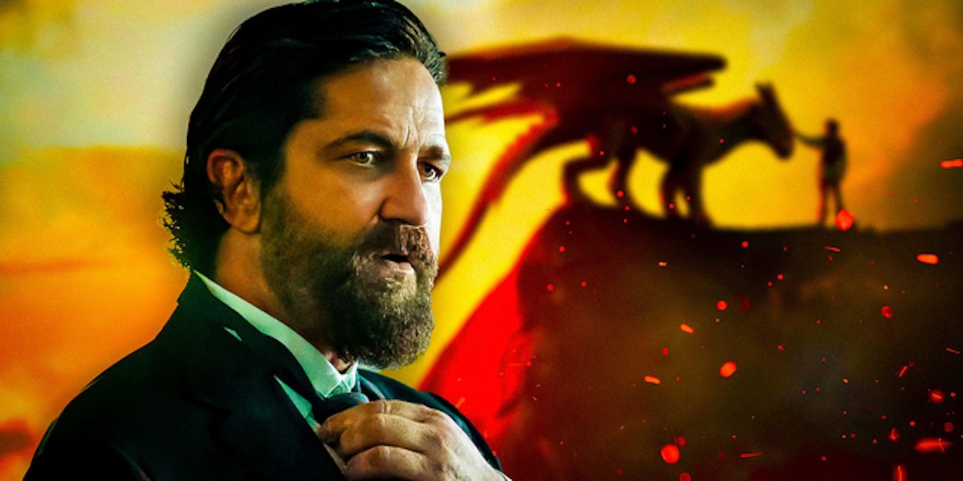 Gerard Butler fixing his tie beside an image from How To Train Your Dragon