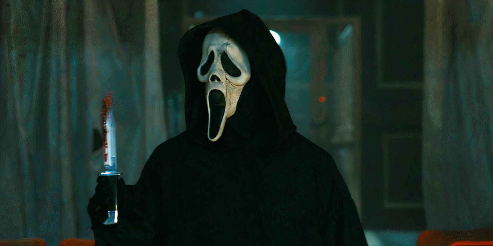 Ghostface holding a bloody knife in Scream 6