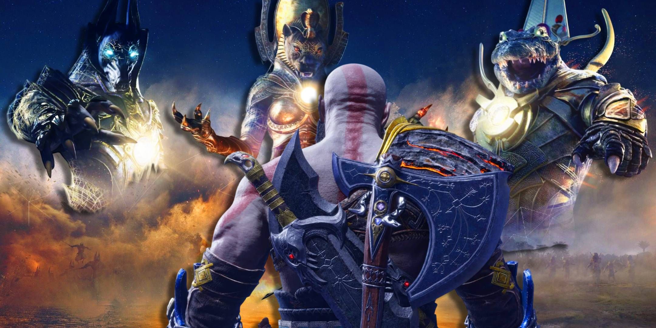 Kratos with his back turned facing Egyptian Gods from Assassin&rsquo;s Creed Origins.