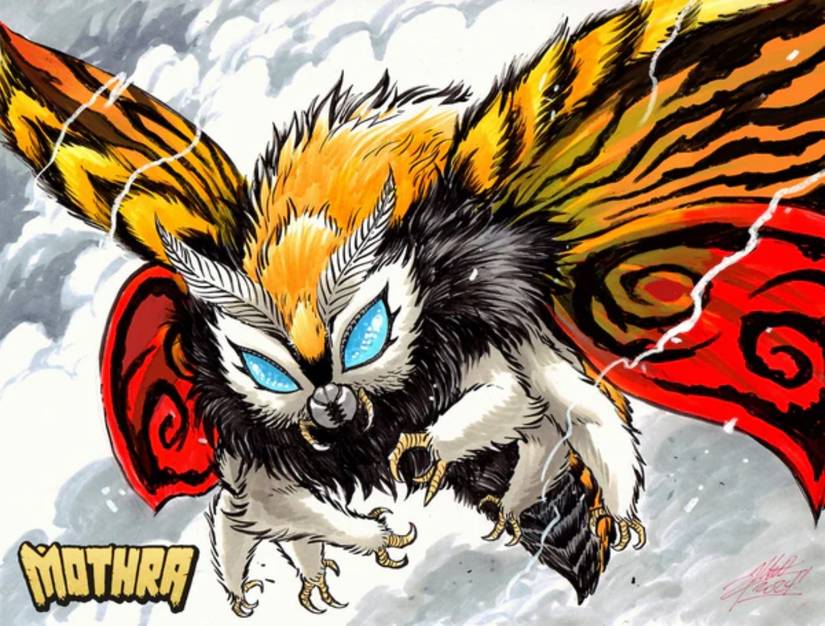 Godzilla's Mothra flying through the air. 