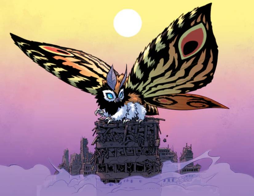 Godzilla's Mothra sitting on top of a building.