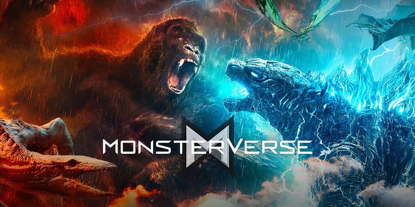 Godzilla fighting Kong with the MonsterVerse logo between them.