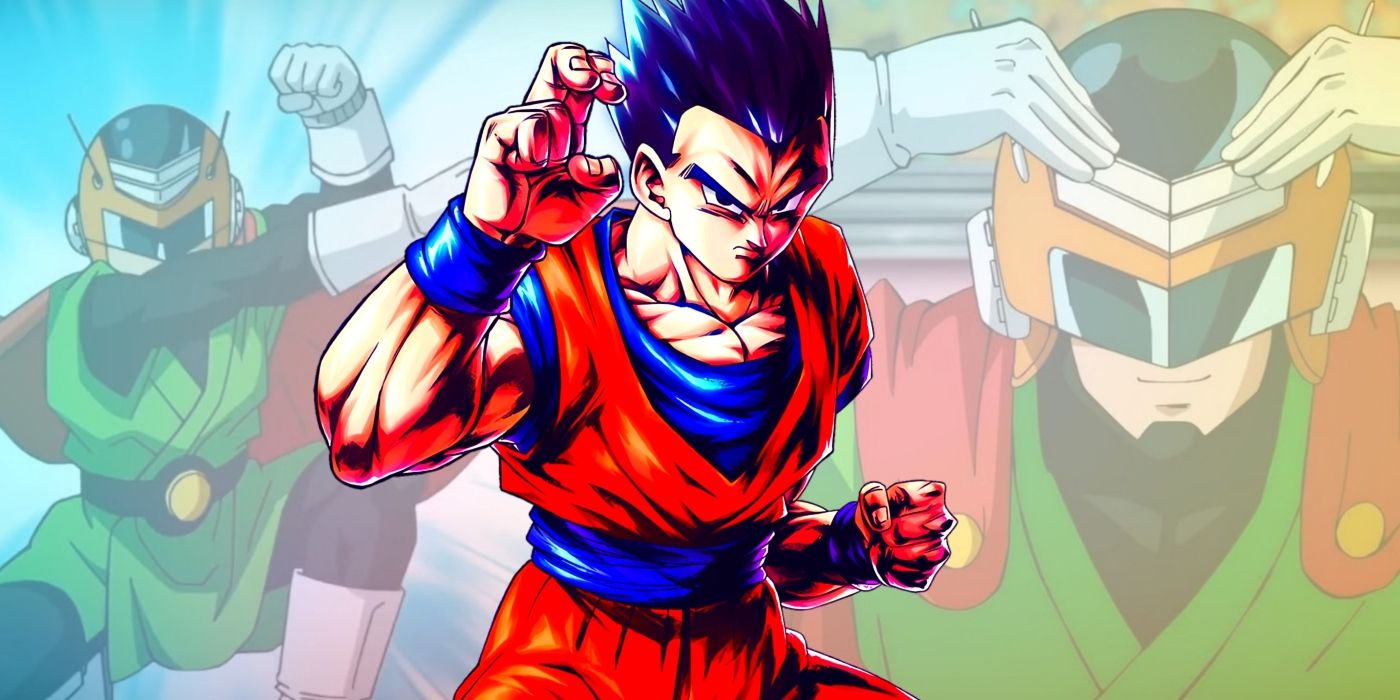 Gohan wearing his Gi, preparing to fight. Behind him, scenes of the Great Saiyaman can be seen.