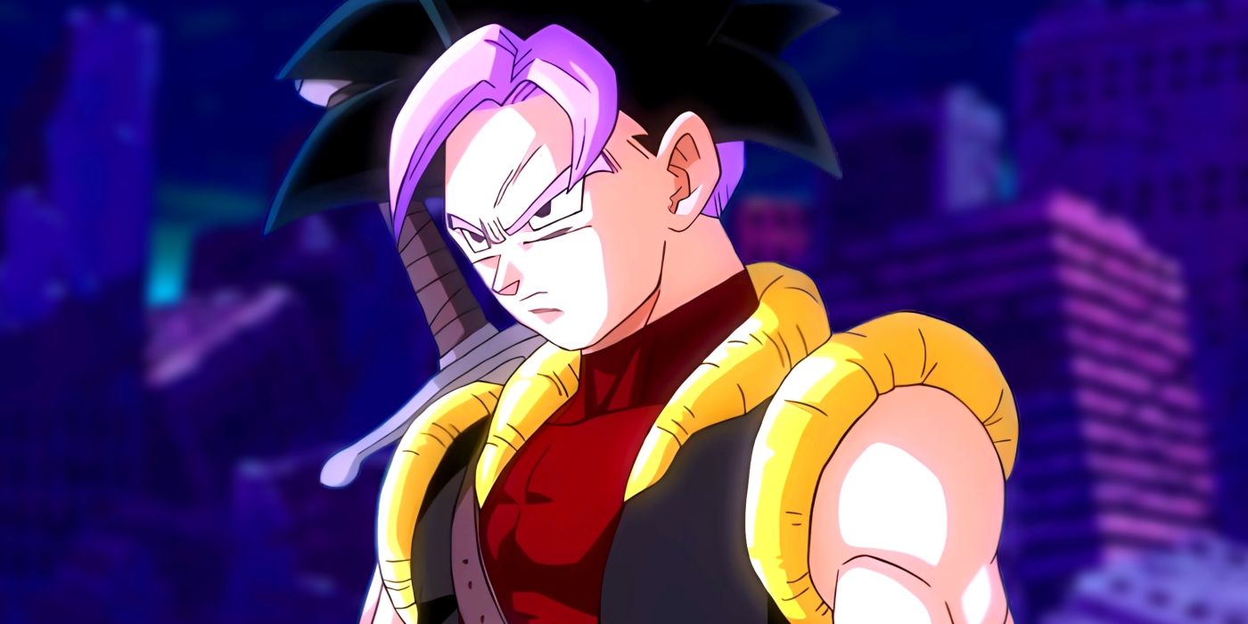 Gohanks taking his battle stance, prepared to fight. Behind him, a destroyed city can be seen.