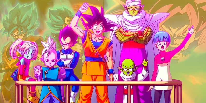 Goku and his friends saying goodbye during the final episode of Daima. Behind them, Images of Super Saiyan 4 and the Super anime can be seen.