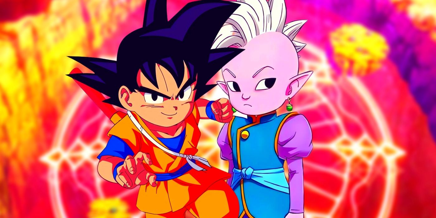 Goku and Shin standing side by side in their child forms. Behind them, the Demon Realm can be seen.