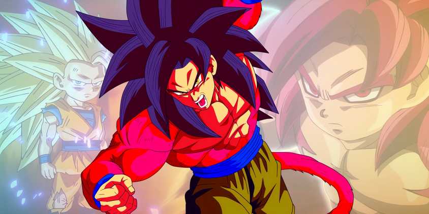 Goku in Super Saiyan 4 form preparing to attack. Behin him, images of his Daima version in Super Saiyan 3 and 4 can be seen.