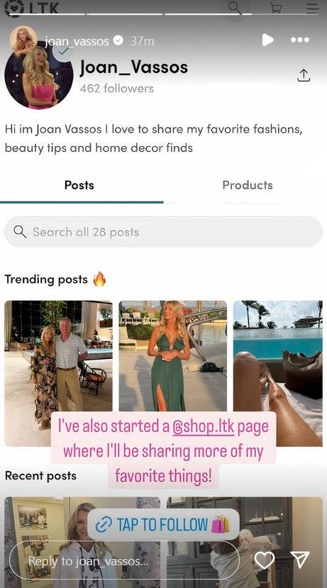 The Golden Bachelorette star Joan Vassos' Instagram Story showing a screenshot of her LTK page
