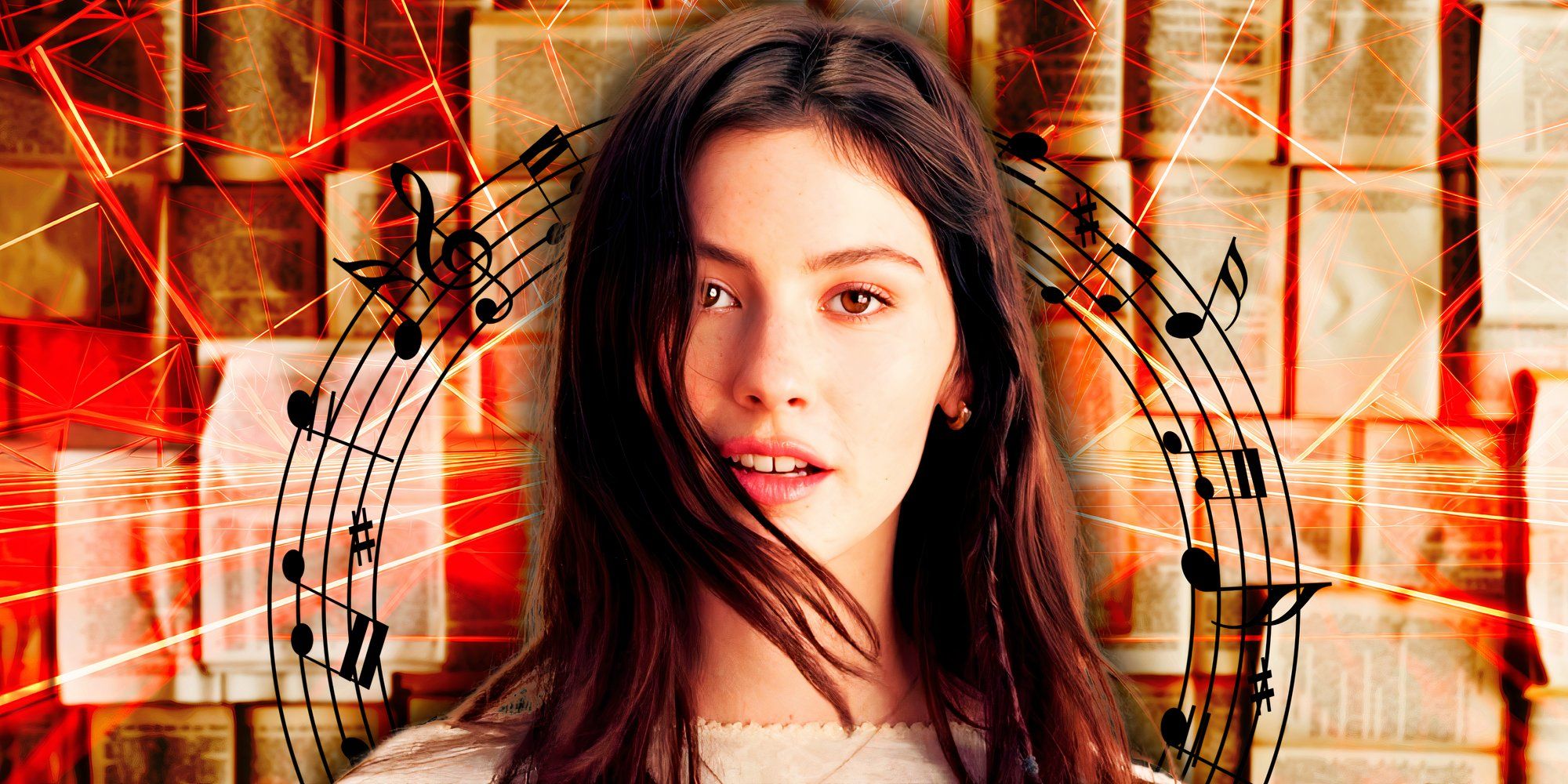 Gracie Abrams edited over sheet music and musical notes.
