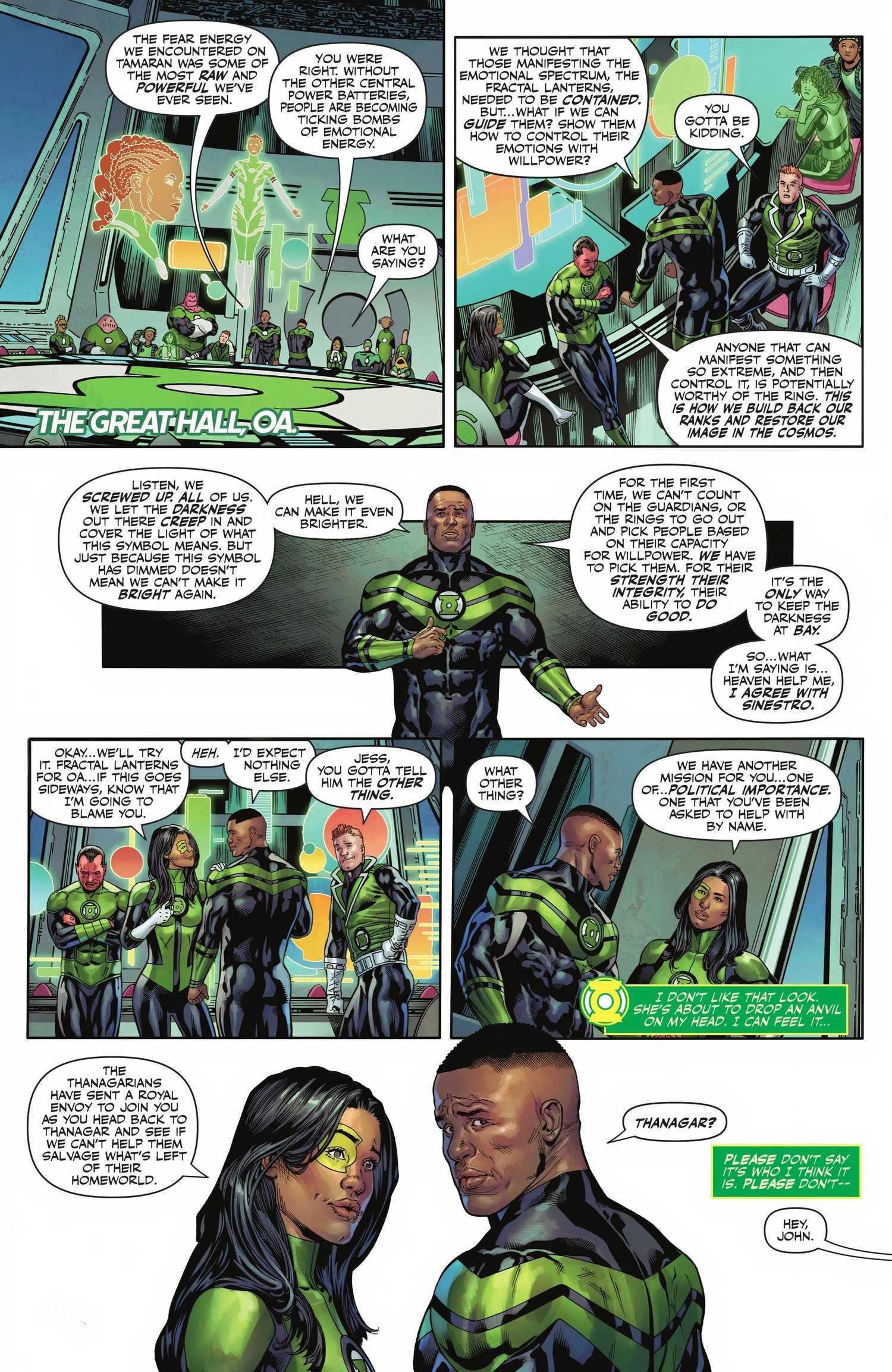 Six panels of the Green Lantern Corps talking about their new methods