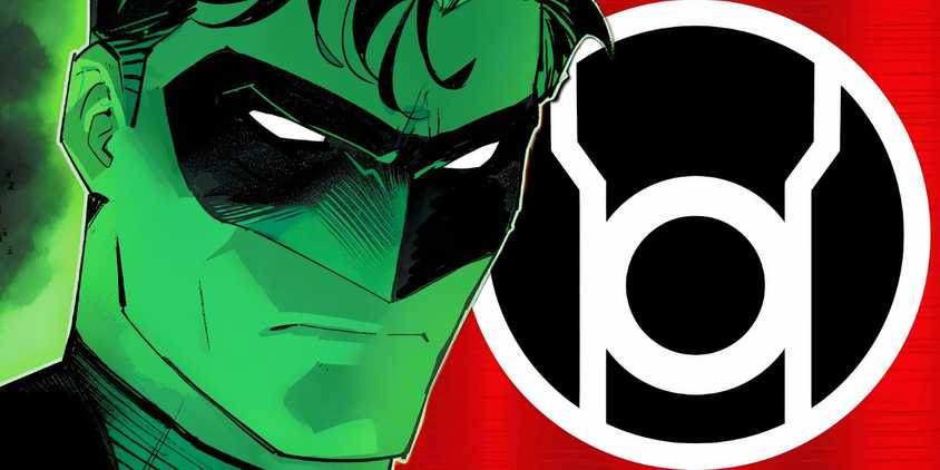 Green Lantern Hal Jordan to the left and a Red Lantern logo to the right