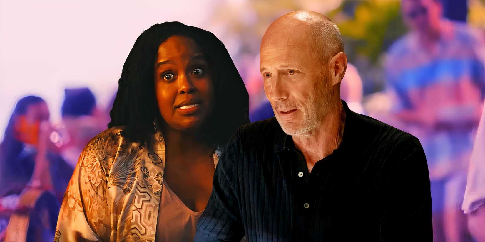 Greg Hunt (Jon Gries) and Belinda (Natasha Rothwell) from The White Lotus each looking concerned custom image