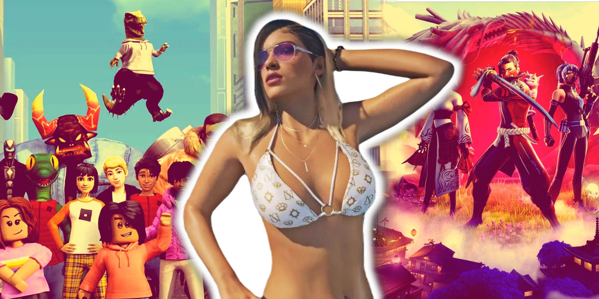 GTA6 Protagonist in front of colorized background of Roblox and Fortnite.