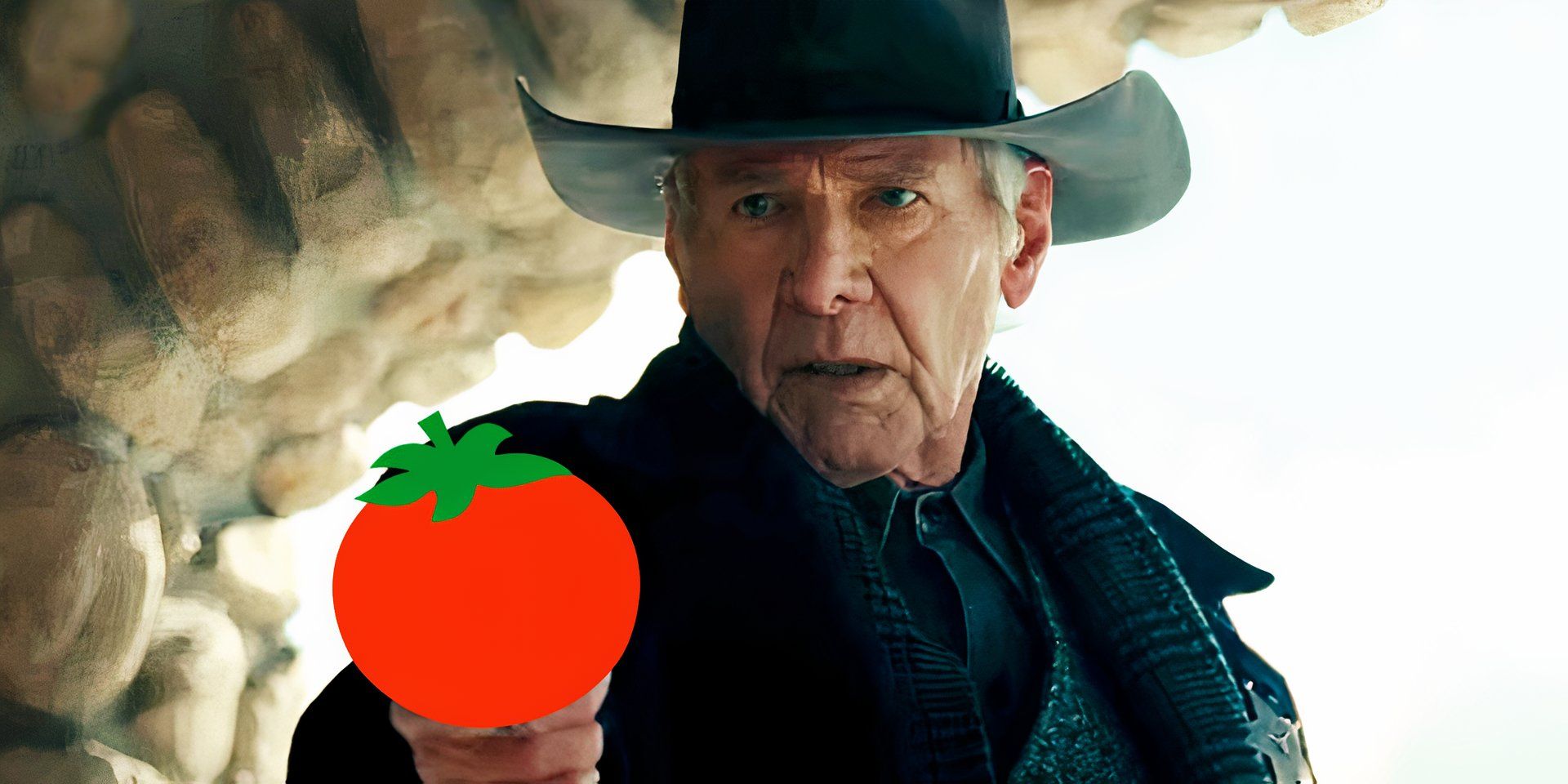 Harrison Ford is holding a fresh Rotten Tomatoes symbol in 1923