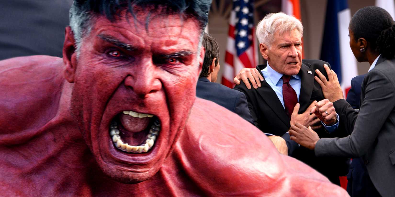 Harrison Ford's President Ross is restrained before transforming into Red Hulk in Captain America Brave New World