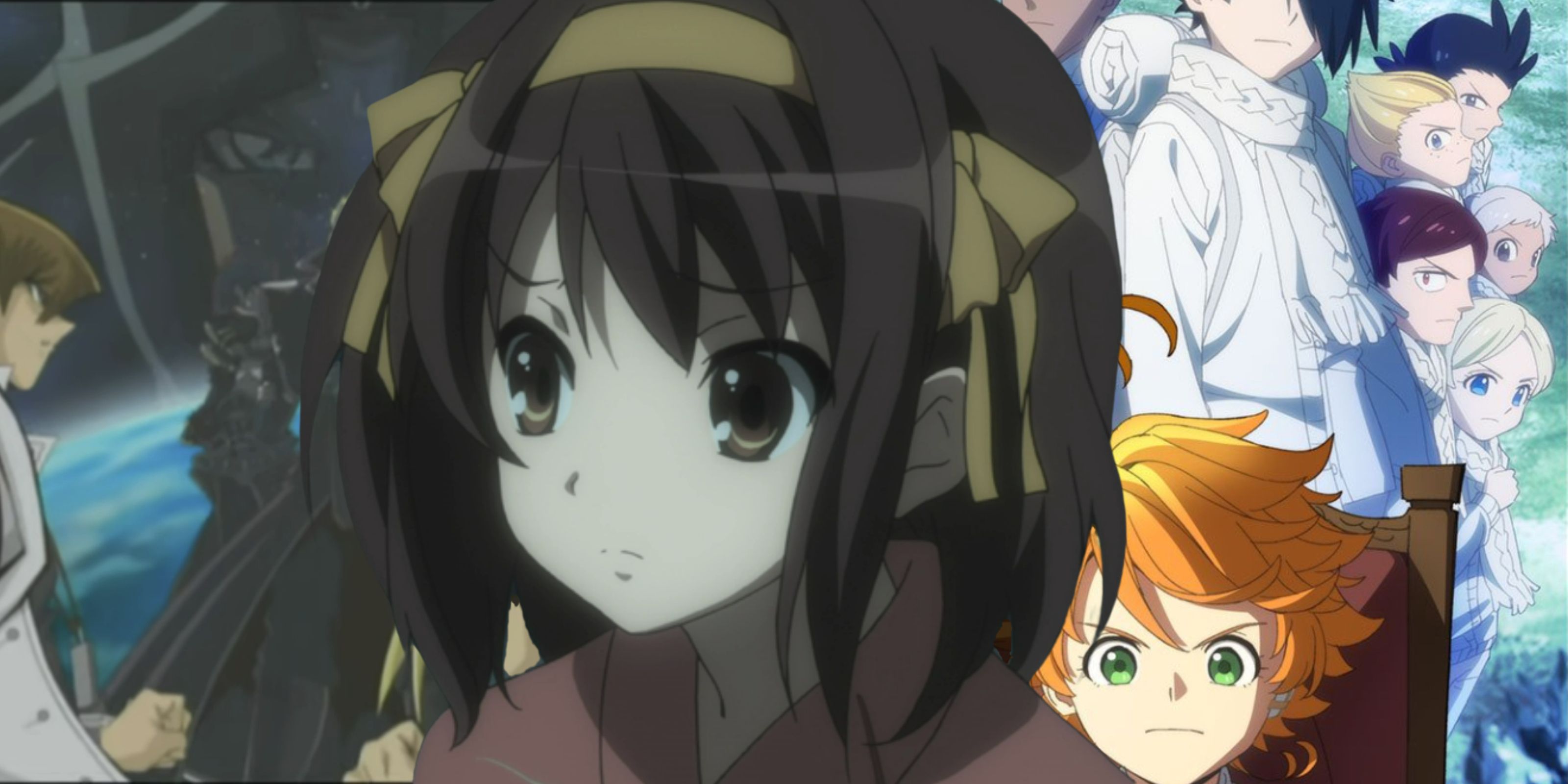 Feature showing Haruhi, Yu-Gi-Oh, and The Promised Neverland