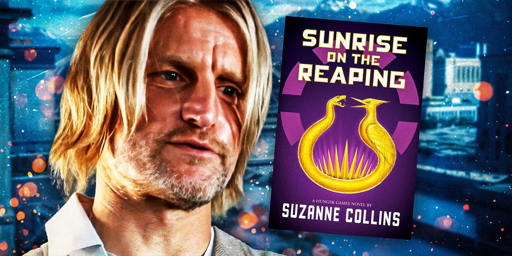 Woody Harrelson as Haymitch Abernathy in The Hunger Games and the cover of Sunrise on the Reaping