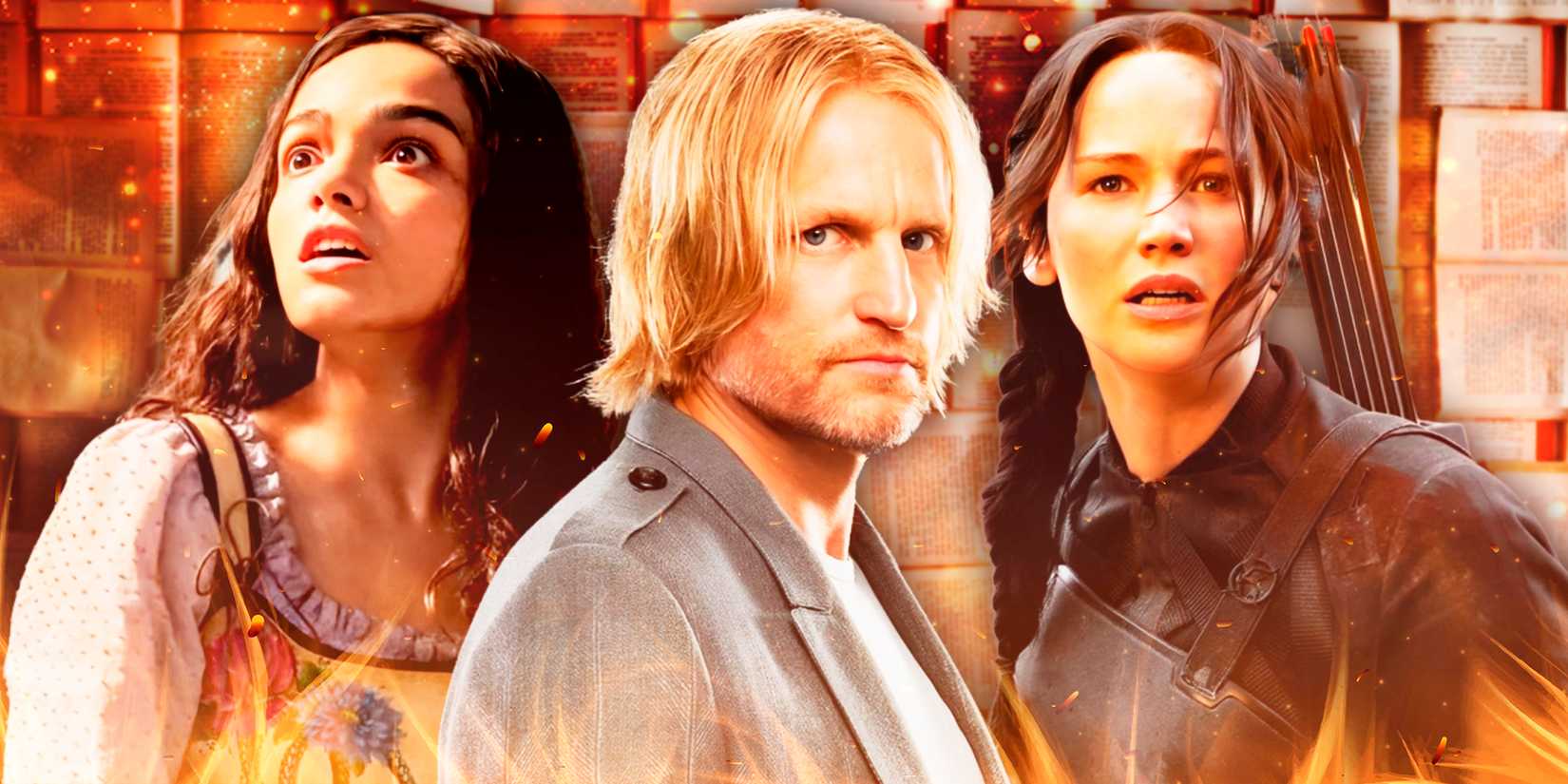 Haymitch in the middle, Lucy Gray and Katniss looking scared on either side