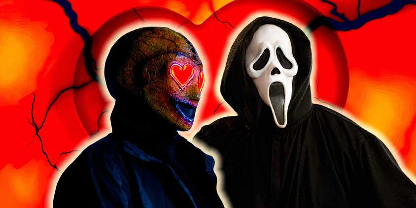 Heart Eyes and Ghostface are in front of a cartoon heart with veins