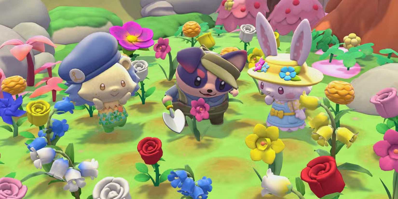 Hello Kitty Island Adventure characters in a field of flowers with a trowel