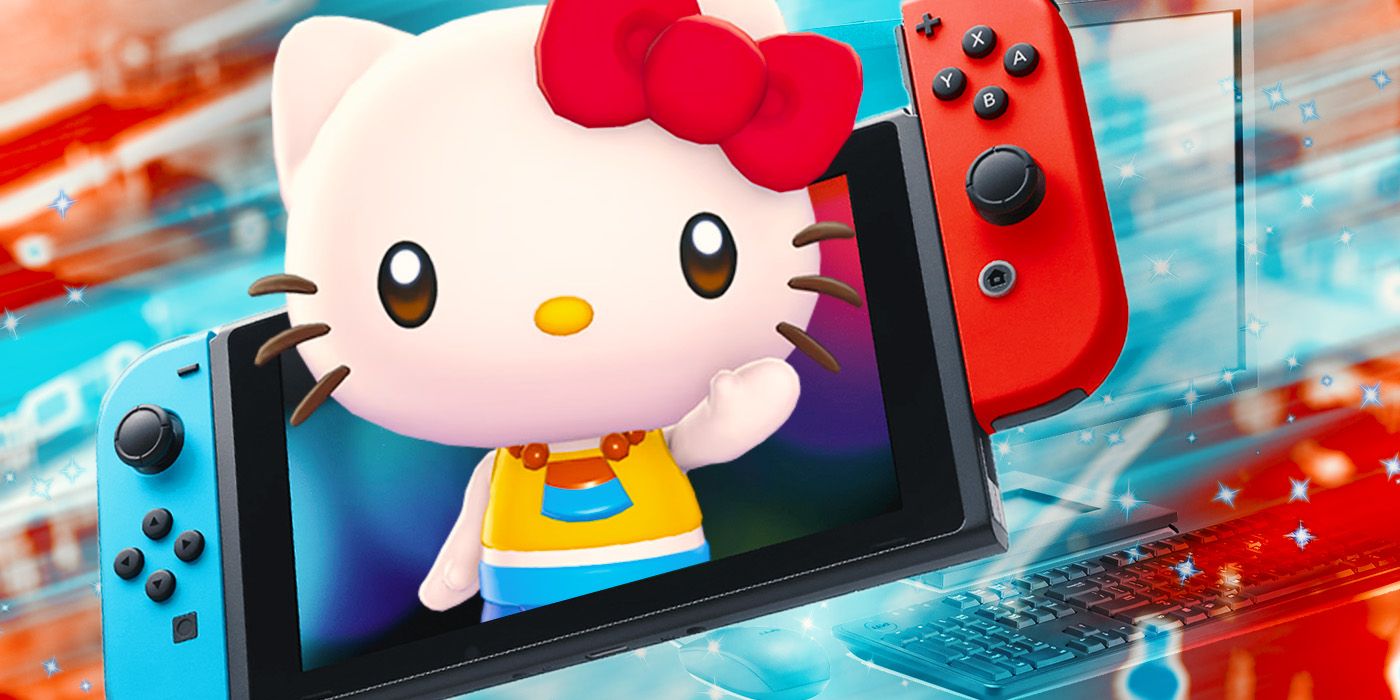 Helo Kitty from Hello Kitty Island Adventure with a switch and a pc