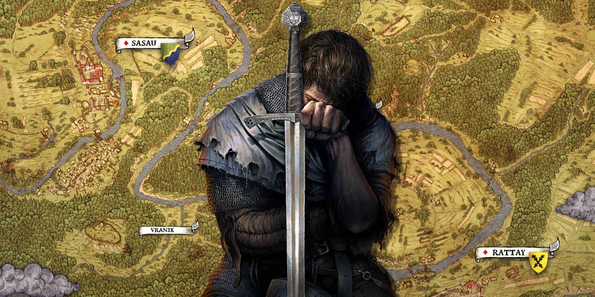 Henry crouches behind his sword over an image of the Bohemia map from Kingdom Come Deliverance.