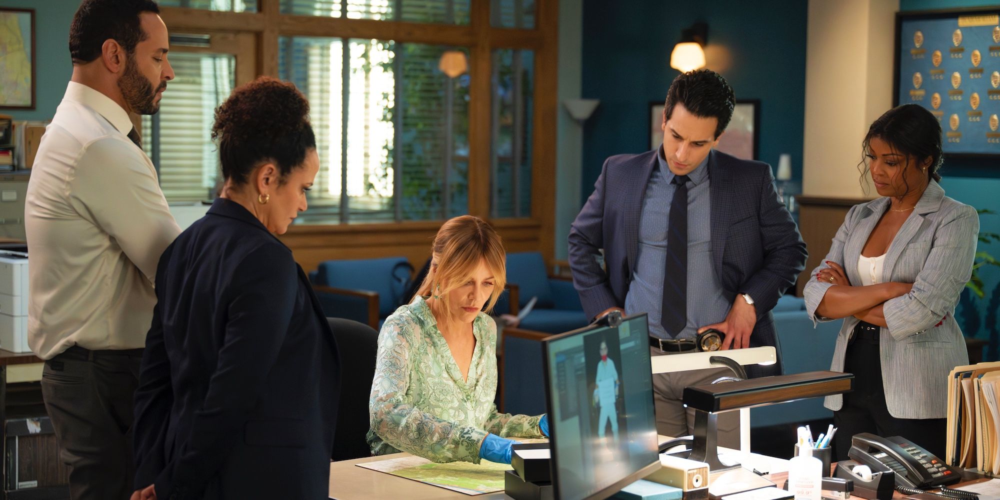 Karadec (Daniel Sunjata), Selena (Judy Reyes), Morgan (Kaitlin Olson), Oz (Deniz Akdeniz), and Daphne (Javicia Leslie) in High Potential episode 13.