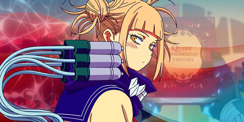 Himiko looking back at the viewer with a concerned expression. Behind her, images about the Quirk Doomsday Theory can be seen.