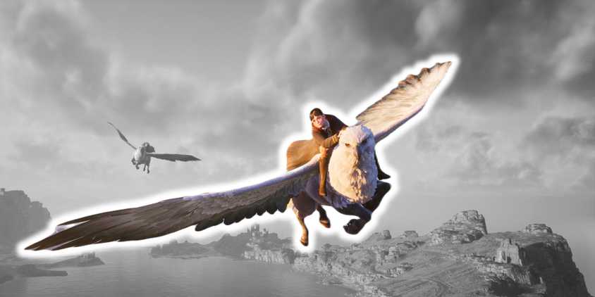 Hogwarts Legacy Riding a flying mount in front of gray background.