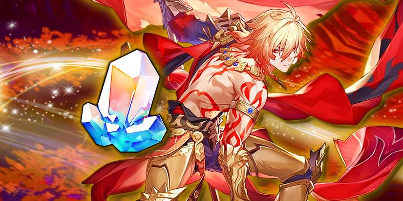 Honkai Star Rail's Mydei looks ready to battle next to a Stellar Jade.