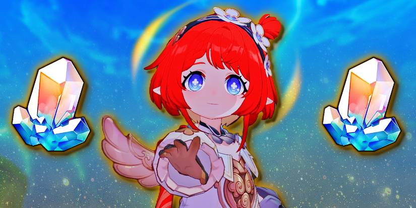 Honkai Star Rail's Tribbie puts her hand forward next to two Stellar Jade.