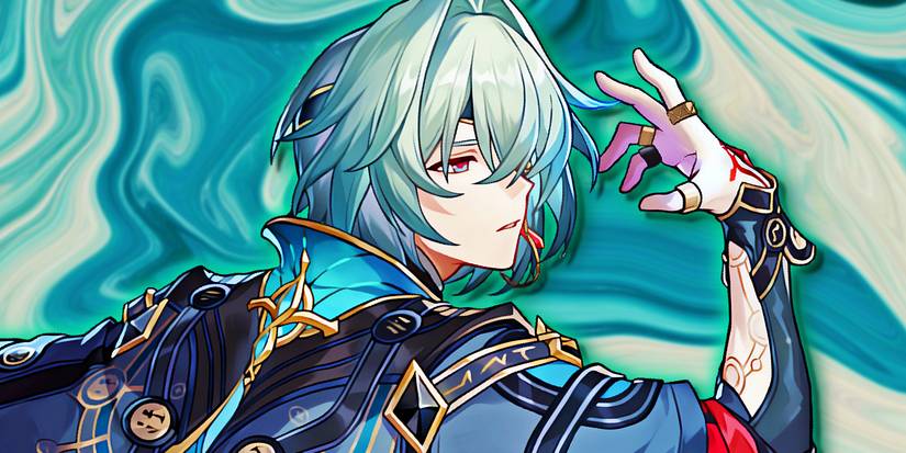 Honkai Star Rail's Anaxa brings their hand up to their face.
