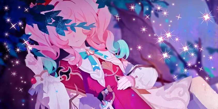 Honkai Star Rail's Hyacine lies on tree branch.