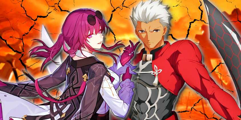 Honkai Star Rail's Kafka adjusts her cuffs next to Fate's Archer, who wields blades.